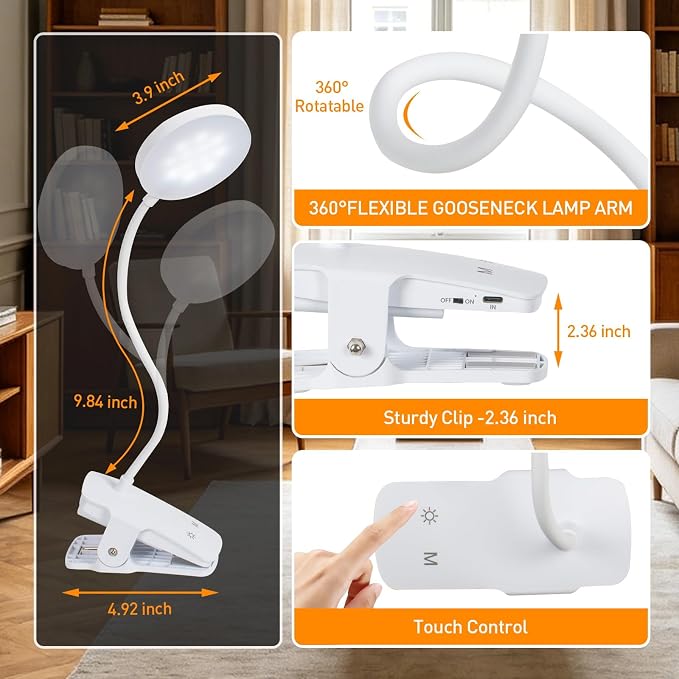 Cordless Rechargeable Clip On Desk Lamp Thick Flexible 360° Gooseneck | 450 Lumen Eye Protect Light,30 Custom Lighting Modes,5-30H Long Life Battery for Bed Headboard Desk Puzzle Craft ,White 1 Pcs