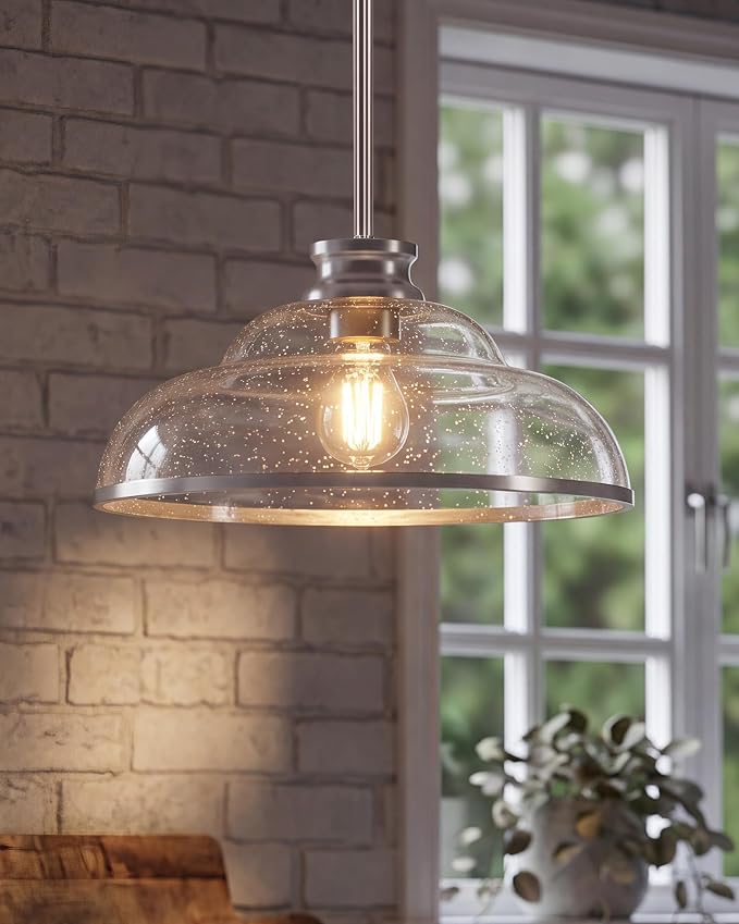 kudos 14" Brushed Nickel Seeded Glass Pendant Light, KDPL14-BN-M | E26 Bulb Base, Hardwired, Farmhouse Styling, Adjustable Hanging Rods for Flat or Sloped Ceilings, for Kitchen Bars