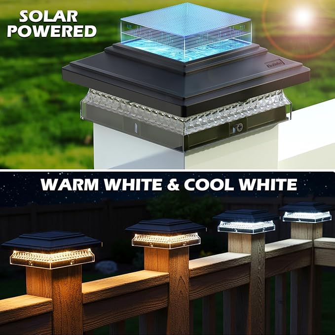 SIEDiNLAR Solar Post Cap Lights, 12 Pack 2 Modes 50 Lumens, 4x4 5x5 Wooden/Vinyl Posts Waterproof Outdoor Lighting for Deck Fence Patio, White/Warm (Black)