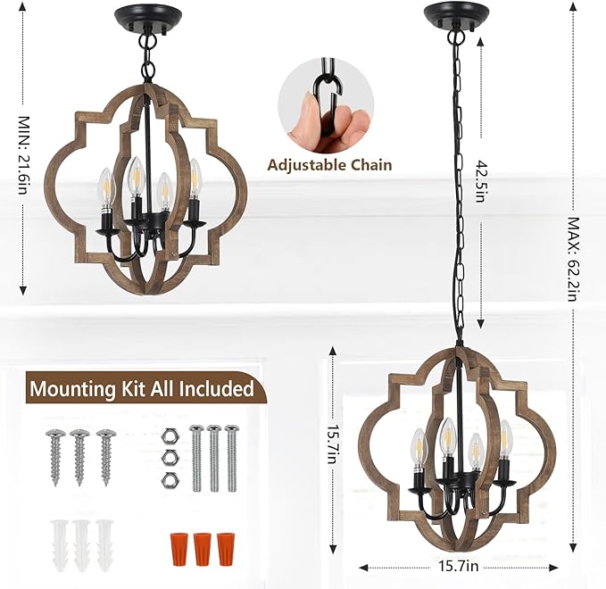 Farmhouse Chandelier Light Fixtures, 4-Light Dining Room Light Fixtures Over Table, Solid Wood Chandeliers for Dining Room, 15.7“ Brown Rustic Chandeliers for Living Room Kitchen Island Bedroom Foyer