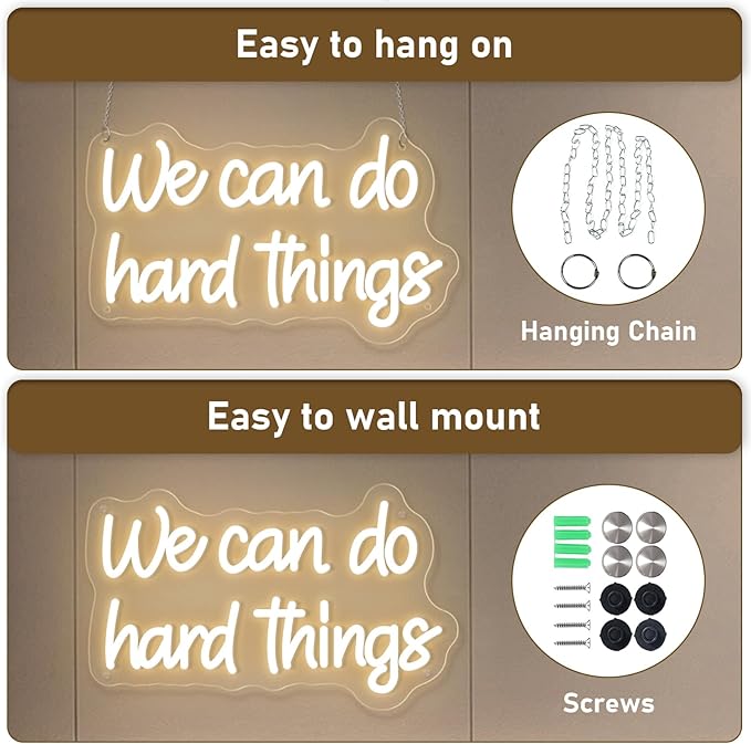 We Can Do Hard Things Neon Sign Warm White Dimmable LED Neon Signs for Kids Bedroom Inspirational Letter Neon Light for Office Classroom Lights up Signs For Wall Decor