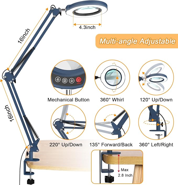 12X Large Magnifying Glass with Light and Clamp, Real Glass, 5 Color Modes, Stepless Dimmable, 2 x 16 Inch Adjustable Swing Arm Stand Desk Lamp, LED Lighted Magnifier Hands Free for Close Work - Blue