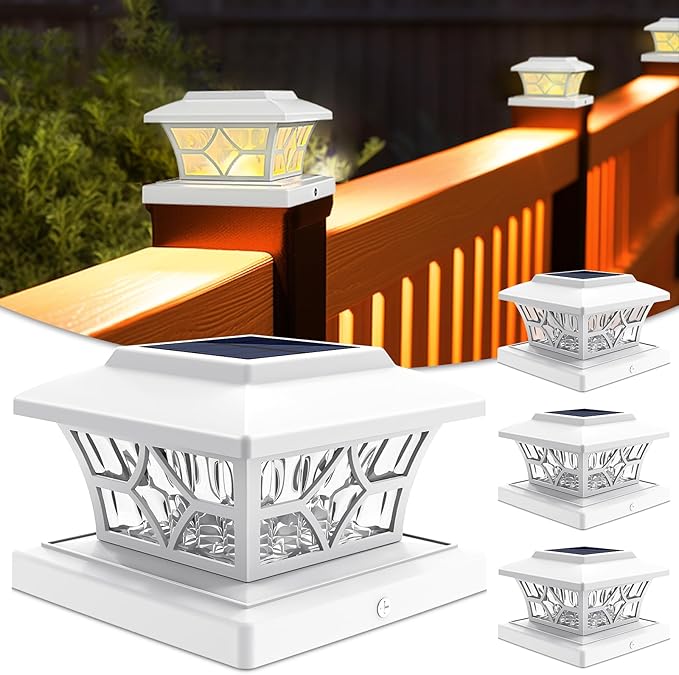 VOLISUN Solar Fence Post Cap Lights, Cool/Warm Modes Outdoor 4Pack, White | Solar powered waterproof deck lights fit 4x4 wooden & vinyl posts, ideal for garden, patio, porch landscape decoration