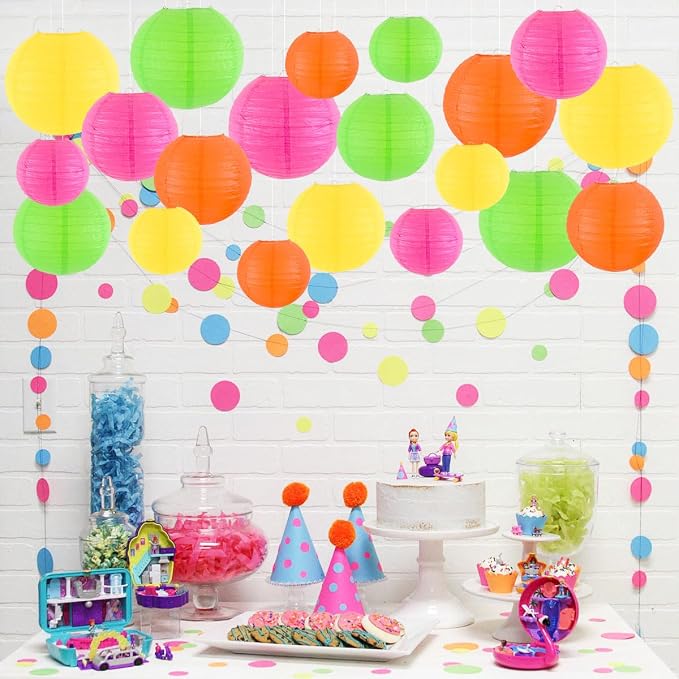 Paper Lanterns Party Decorations, Hanging Round Chinese Lanterns for Glow in The Dark Party Neon Birthday Decorations Pack of 20 Colorful