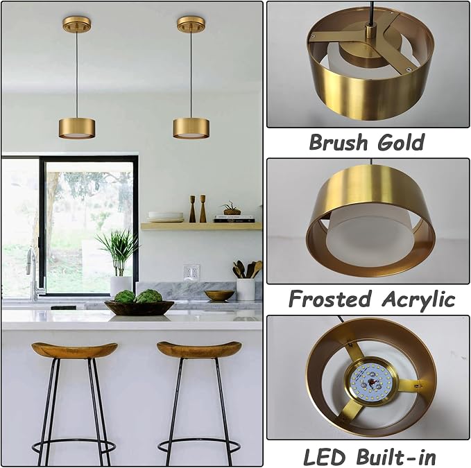 LED Mini Gold Pendant Light Adjustable for Kitchen Island Over Sink | Industrial Gold Mini Pendant Light with Built-in LED, Adjustable Cord 78.74" for Kitchen Island Dining Room Bedroom Bathroom