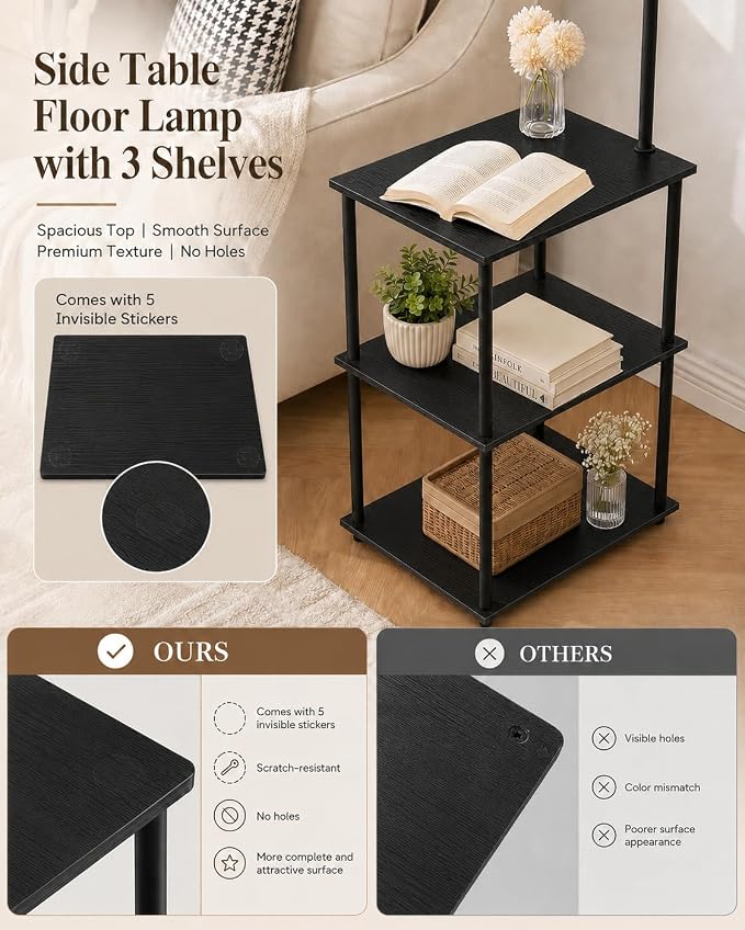 GERGO Floor Lamp with Table, Side Table for Living Room, 3 CCT 9W LED Bulb | Adjustable Linen Shade & Pull Chain, Modern Coffee End Table, Night Stand with Storage Shelves for Bedroom, Office Home Décor
