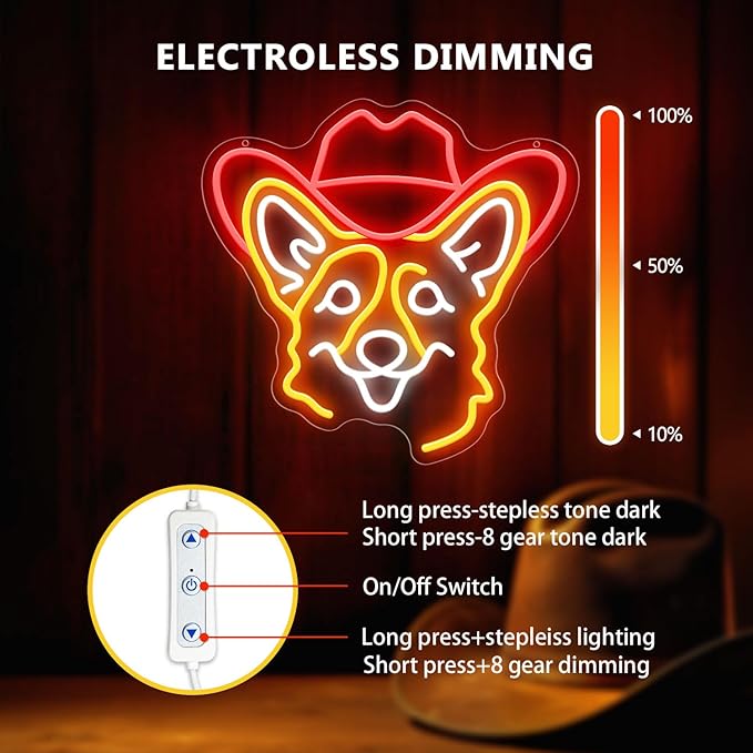 Corgi Neon Signs for Wall Decor, Cute Dog Neon Sign Dimmable Cowboy Hat Neon Light Sign for Pet Shop Bedroom Party Decor, Animal LED Light Up Sign for Birthday Christmas Gifts Boys Girls