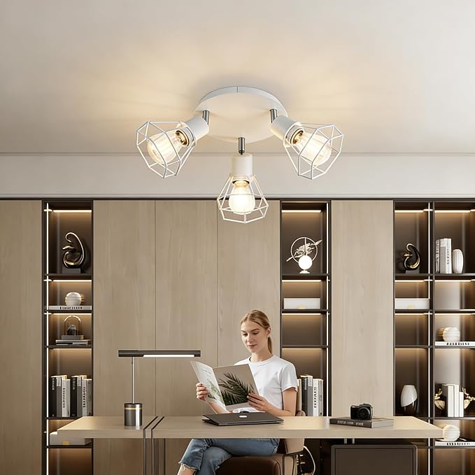 HiBay 3-Light Ceiling Track Lighting Fxiture White, Modern Spotlight, E26 | Rotatable 3 heads with farmhouse metal cage shade for kitchen bedroom dining room, bulb not included