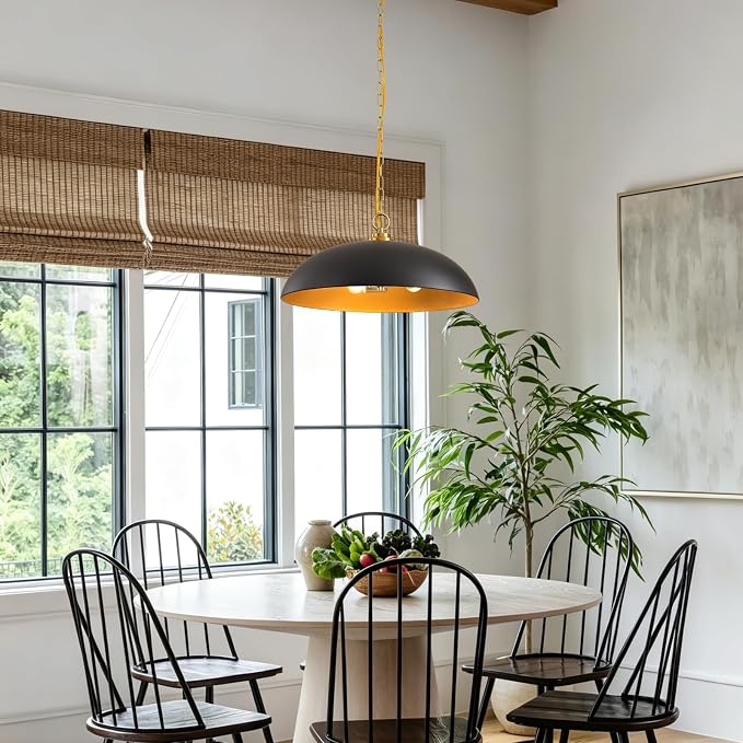 20in Black and Gold Dome Pendant Light, Large 3-Light Chandelier | Industrial Matte Black Oversized Pendant Light Fixture Ceiling Hanging Lamp for Kitchen Island Dining Room Over Table 1 Pack