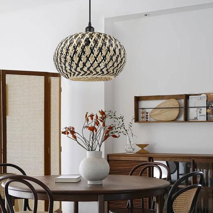 Island Pendant Light Black Natural Hand-Woven Bamboo Pendant Lights 1-Light Boho Light Fixtures Farmhouse Rustic Hanging Lamp for Living Room Dining Room Bedroom