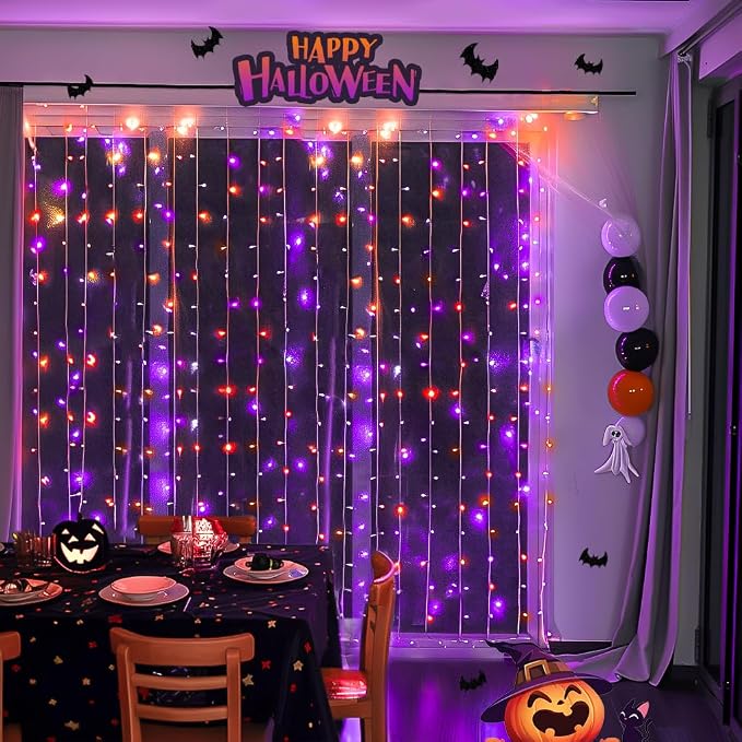JMEXSUSS 300LED Halloween Curtain Lights, Orange and Purple, 9.8x9.8ft | Remote, Plug in, Window Twinkle Hanging String Lights, For Bedroom, Wall, Party, Backdrop, Yard, Indoor, Outdoor Decor