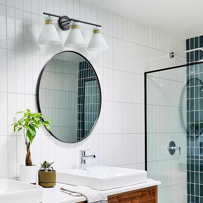 WOSHITU Bathroom Vanity Light Fixtures: 3 Lights Modern Bathroom Lighting Fixtures Over Mirror with Frosted Milky Glass Shade, Black and Gold Vanity Lighting Fixtures Wall Sconce for Bath Bedroom