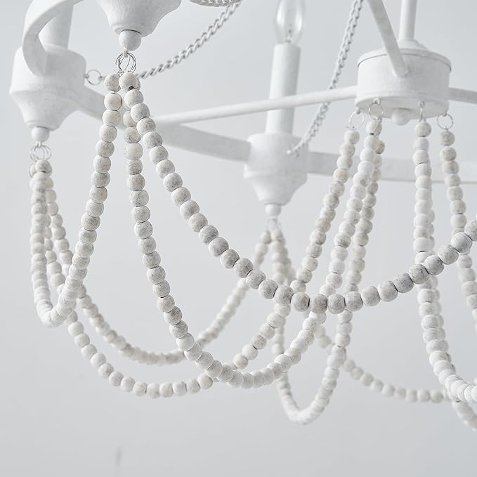 Boho Beaded Chandelier Farmhouse Rustic Candle Style Hanging Light Fixtures French Country Lighting for Dining Room Foyer Kitchen Entryway Distressed White Chandeliers 6-Lights W25.6