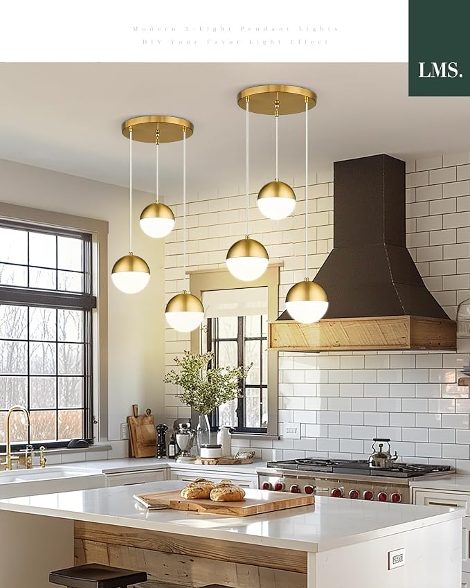 Brushed Gold 3-Light Cluster Pendant Lights, Modern Kitchen Island Lighting with White Globe Glass Shade, Adjustable Hanging Cord Ceiling Light for Bathroom Bedroom Dining Room, LMS-186BG3