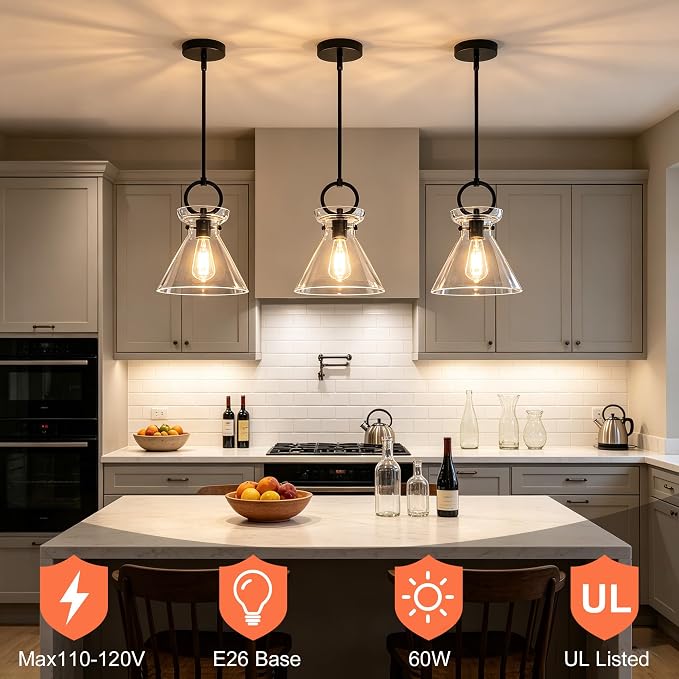 Glass Pendant Lights Kitchen Island Black 9.84'' Clear Glass Shade | Modern Pendant Lighting Over Sink, Adjustable Hanging Ceiling Light, E26 Dimmable Hardwired for Dining Room Hallway, 1-Pack