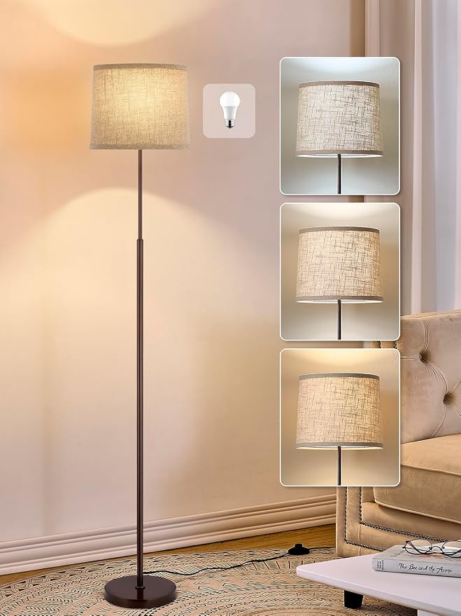 60" Modern Floor Lamp for Living Room Bedroom, Standing Lamp with Oatmeal Linen Lampshade, Tall Lamp with A19 9W 3 Color Temperature Bulb, Foot Switch Control, Brown