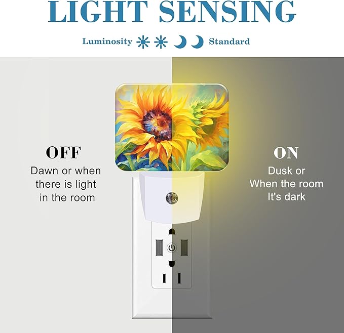 Sunflower Modern Art Painting Plug in Night Lights, Sunflower Nightlight Plug Into Wall Dusk to Dawn Sensor for Kid Girls Boys Women Men Bedroom, Hallway, Kitchen, Bathroom, Stairs Decor