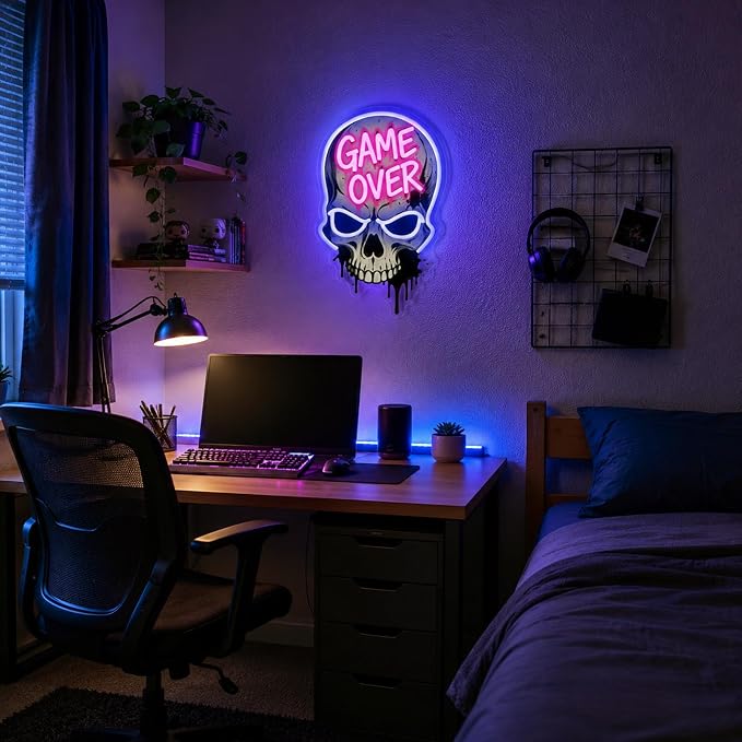Game Over Skull Neon Sign LED Neon Light USB Dimmable Gaming Room Decor