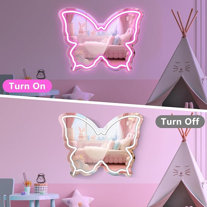 Butterfly Neon Sign Mirror, LED Neon Sign for Wall Decor, 15.7'' x 12'' Dimmable Neon Light for Teen Girls & Kids Birthday Party Gift, Neon Signs for Girl Room Decor, Wall Mirror, USB Powered (Pink)