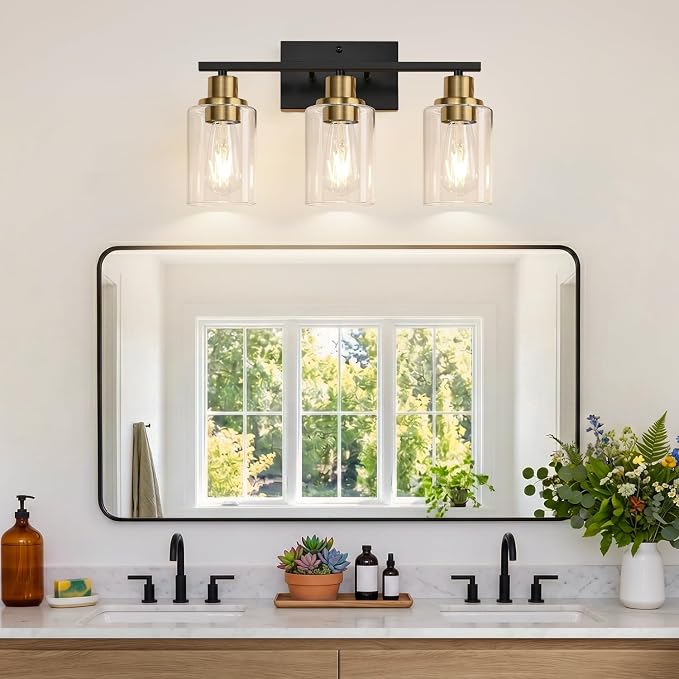 Indoi 3-Light Bathroom Light Fixtures, Black and Gold Modern Vanity Lights with Clear Glass Shades, Bathroom Wall Lamp for Mirror Living Room Cabinet Bedroom Porch