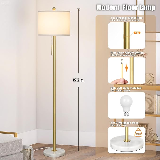 Qingmiao 【Upgraded】 Dimmable Gold Floor Lamps for Living Room, 63in Modern Standing Lamp with Marble Base, Tall Pole Light with White Linen Shade for Bedroom Reading Office Corner
