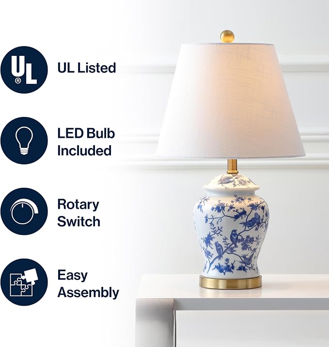 JONATHAN Y Penelope Ginger Jar 22" LED Table Lamp, Blue/White | Chinoiserie, Ceramic Metal Construction, French Country Traditional, Linen Empire Shade, Brass Gold, LED Bulb Included