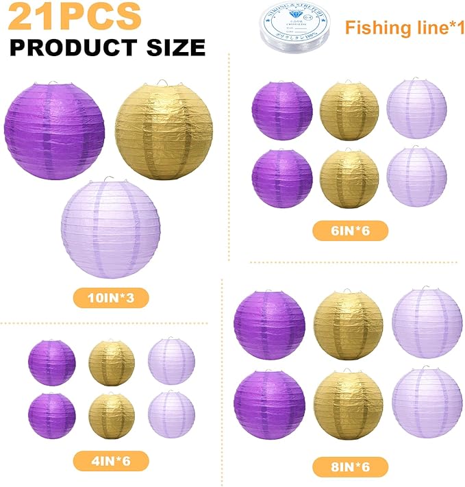 21 Pcs Purple Paper Lanterns Party Decorations, 4/6/8/10 Inch Round Chinese Hanging Paper Lanterns for Bachelorette Engagement, Wedding, Birthday, Graduation, Classroom Decorations