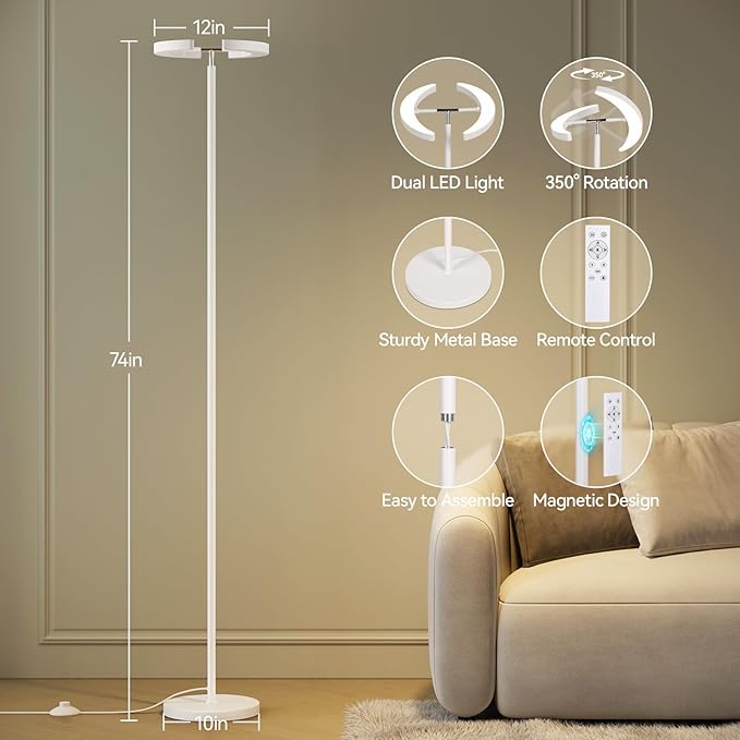 SUNMORY Floor Lamp for Living Room, 28W Bright LED Lamp with Remote Control | 1600lm Dimmable Rotatable Standing Lamp, 74" Tall Modern Reading Torchiere Uplighter Lamp for Bedroom Office Corner, White