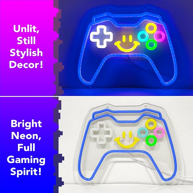 Gaming Neon Signs Controller LED Sign with Remote for Gamer Room Decor, Gamepad Shaped LED Neon Sign for Son Gamer Lovers Gifts, Game Neon Light Smile Face for Basement Bedroom Boys Man Cave Kids Teen
