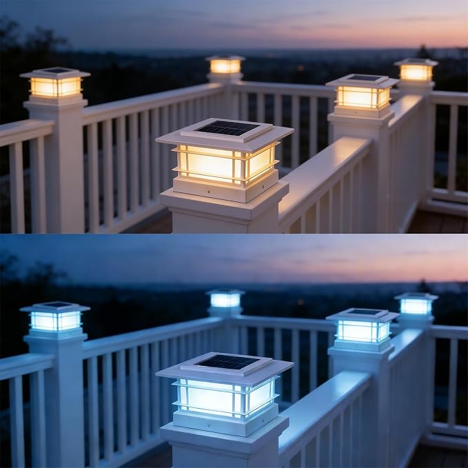Dynaming 4x4 Solar Post Cap Lights Outdoor with 2 Color Modes, Fence Post Solar Lights White Shell Fit for Vinyl/Wooden Posts, High Brightness SMD LED Lighting Decor for Garden Deck Patio, 2 Pack