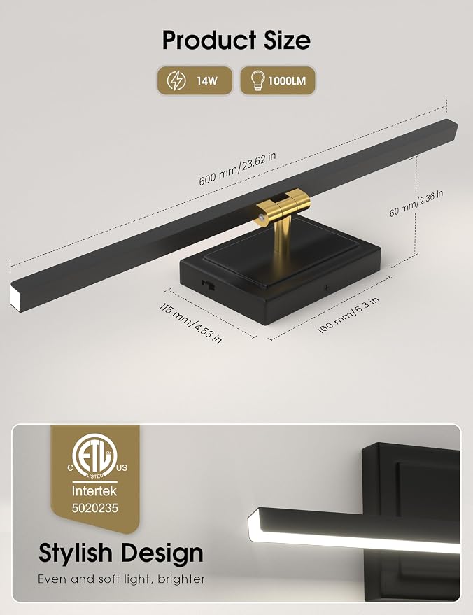 VOLISUN Modern Bathroom Vanity Light 24 inch, Rotatable, 14W Dimmable 5CCT Led Bathroom Light Fixture Over Mirror, Black Gold Bar Vanity Light for Bathroom Mirror Restroom-ETL Certificated