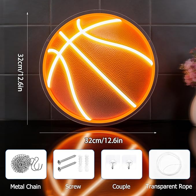 UV Printed Basketball Neon Sign Light Up Basketball Sports Neon Light Dimmable Led Basketball Gifts for Boys Fans Bedroom Man Cave Game Room for Wall Decor Aesthetic
