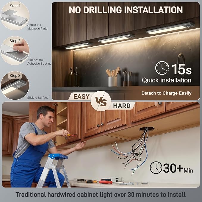 6Pack Aluminum Under Cabinet Lighting, 12inch Rechargeable Ultra-Thin Magnetic Motion Sensor Closet Lights, 3 Colors & Dimmable, USB-C Wireless Under Counter Lights for Kitchen, Pantry, Wardrobe