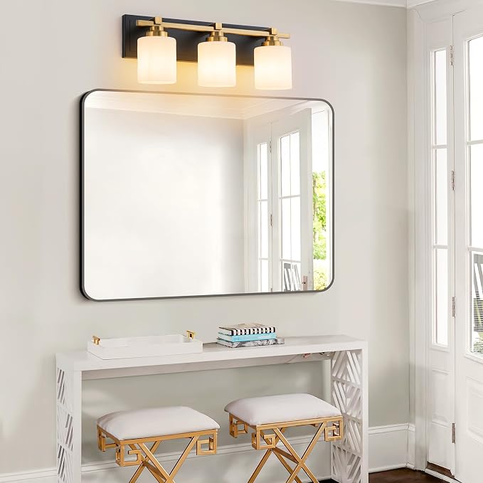 Modern Bathroom Light Fixtures Over Mirror, Vanity Lights for Bathroom Wall Sconces with Milky White Glass Shades, E26 Socket (Bulbs Not Included), 3 Light, Black Gold
