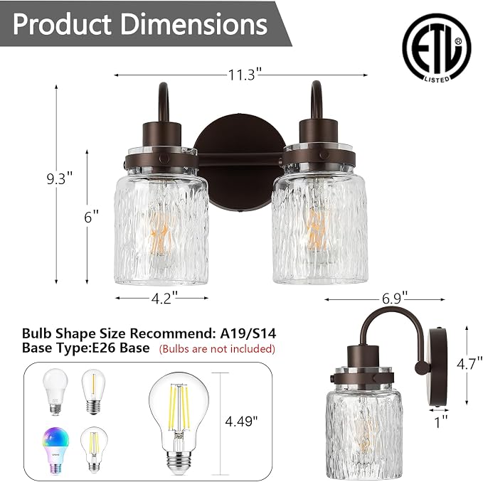 2 Lights Hammered Glass Bathroom Vanity Light, Oil Rubbed Bronze | Easy Installation,Up or Down,Farmhouse Modern Style,E26 Socket,ETL Certification