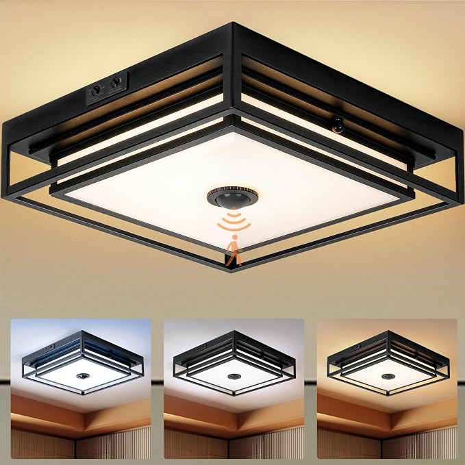 Large LED Motion Sensor Outdoor Ceiling Light 13" Square Flush Mount Lights | Black Dusk to Dawn Exterior Light Fixture, Modern Front Porch Ceiling Light, Patio Ceiling Lights Waterproof, Anti-Rust