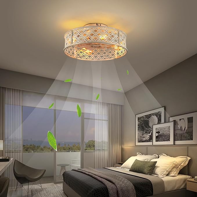 20" Caged Ceiling Fans with Lights Flush Mount Ceiling Fan with Remote,Small Black Low Profile Bladeless Ceiling Fan Light Fixture for Bedroom, Kitchen, Dining Room 4 bulbs Included,6 Speeds