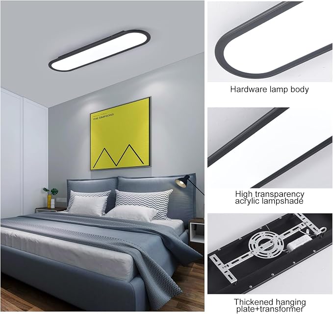 Modern Linear Ceiling Lights, 36W LED High Brightness Long Ceiling Lamp, 27.6 Inch Ultra Thin Low Profile Light Fixture for Bedroom Kitchen Closet Hallway, Black/Cool White 6000K