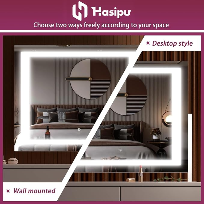 Hasipu Vanity Mirror with Lights, 24.2" x 19.7" LED Makeup Mirror, Light up Mirror with 10X Magnification, Smart Touch 3 Colors Dimmable, Brightness Adjustment, 360° Rotation (Right Angle White)