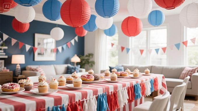ZOOYOO Red Blue White Paper Lanterns,July 4th Party Round Hanging Paper Lanterns Decoration for Independence Day,Birthday,Wedding,Baby Shower,Memorial Day,Veterans Day,Home,Garden Decoration 12PCS