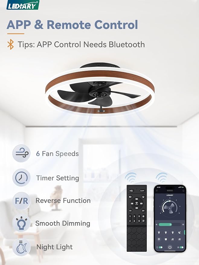 LEDIARY Low Profile Ceiling Fans with Lights, Flush Mount Modern Ceiling Fan and Remote Control, 19.7" LED Ceiling Fans, Stepless Dimmable 3 Colors and 6 Speeds - Walnut