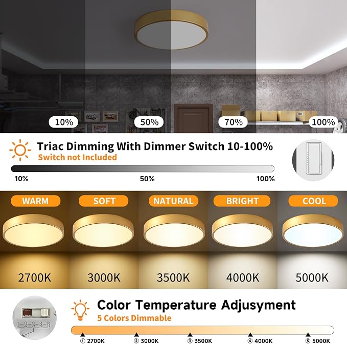 HLightnet Flush Mount Ceiling Light Gold LED Dimmable 5CCT 12 Inch 24W | 2700K, 3000K, 3500K, 4000K, 5000K, Iron Construction, IP40, For Bathroom, Bedroom, Kitchen, Entryway, Closet & Hallway, ETL
