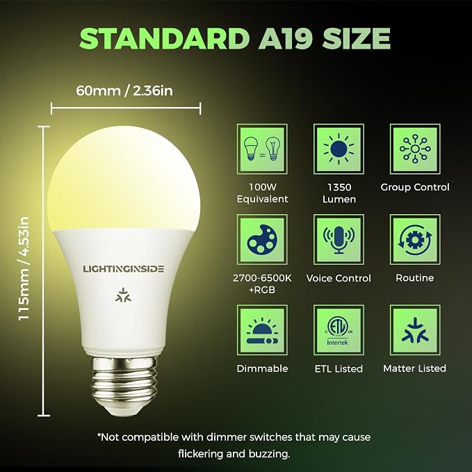 Matter Smart Light Bulbs 100W, Color Changing Light Bulbs | Compatible with Alexa/Apple Home/Google Home/Siri/SmartThings, 1350LM 11W E26 RGBCW Smart Bulb, 2.4G WiFi, ETL Listed, 4 Pack