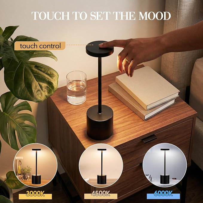 AUDLES Cordless Table Lamp, 5000mAh Rechargeable Lamp with Touch Control & Stepless Dimming, 3 Light Modes, IP54 Waterproof Portable Light for Dining Table, Patio, Bathroom, Power Outage (Black)