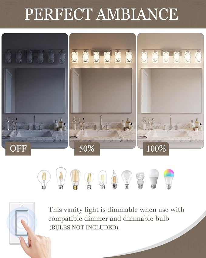 6-Light Brushed Nickel Bathroom Light Fixtures Over Mirror, 42" UL-Listed Modern Wall Sconce Lights with Milk White Frosted Glass and Metal Cage for Bath, Hardwire E26, CH9176BNW-6W