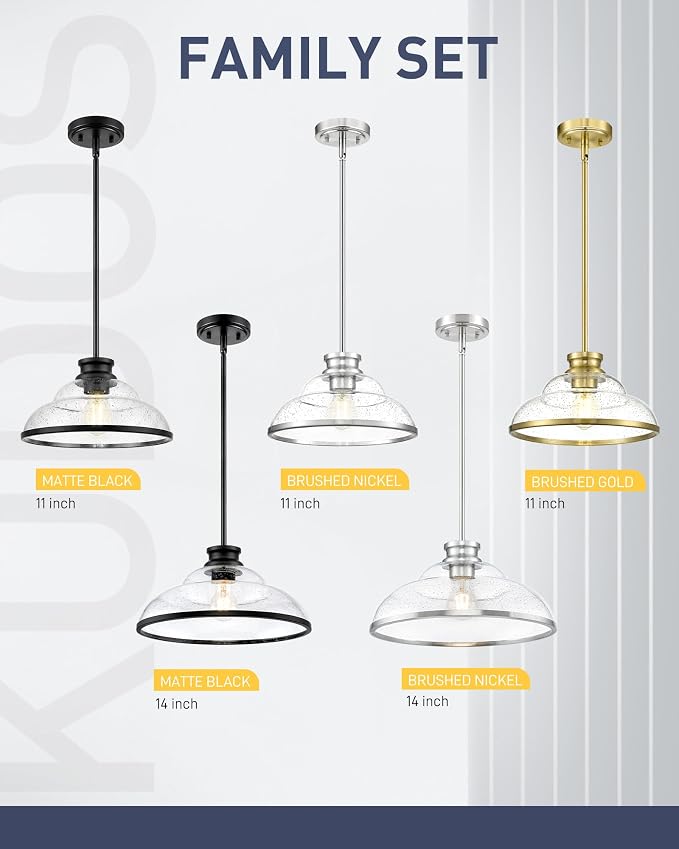kudos 14" Brushed Nickel Seeded Glass Pendant Light, KDPL14-BN-M | E26 Bulb Base, Hardwired, Farmhouse Styling, Adjustable Hanging Rods for Flat or Sloped Ceilings, for Kitchen Bars