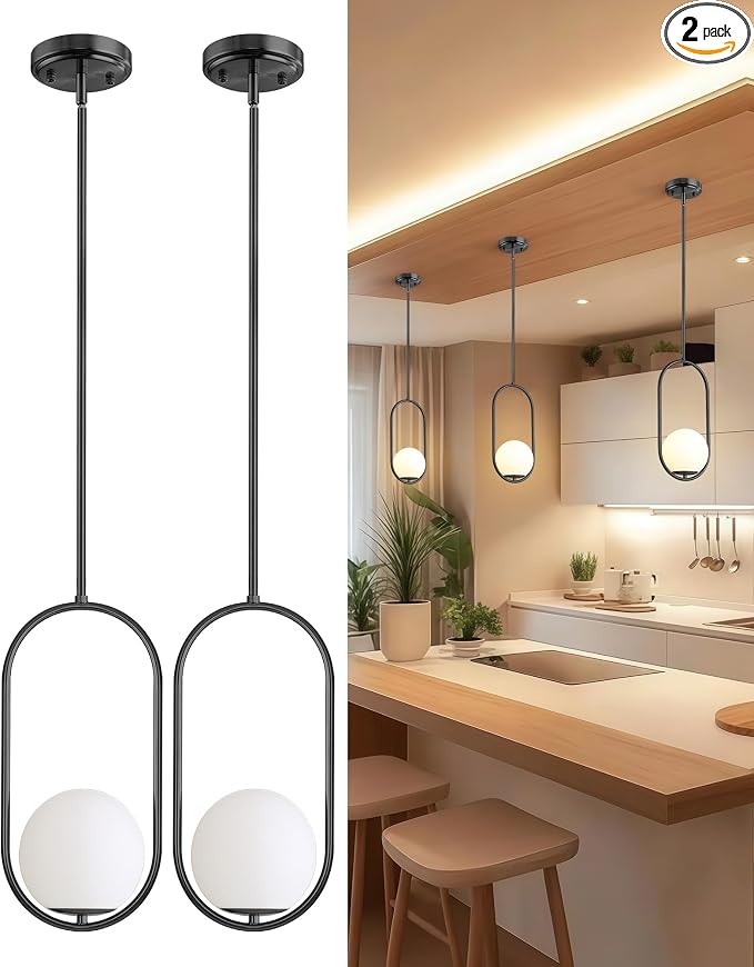 Majade Pendant Lights Kitchen Island, Mid Century Modern Pendant Light Fixtures, 2 Pack Black Globe Glass Pendant Lighting, Chandelier Adjustable Hanging Light for Dining Room Bathroom Bedroom