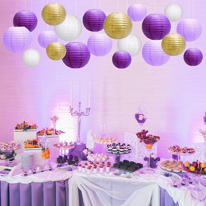 Paper Lanterns Party Decorations, Hanging Round Chinese Lanterns for Graduation Bachelorette Purple Birthday Decorations Pack of 20 Purple Gold
