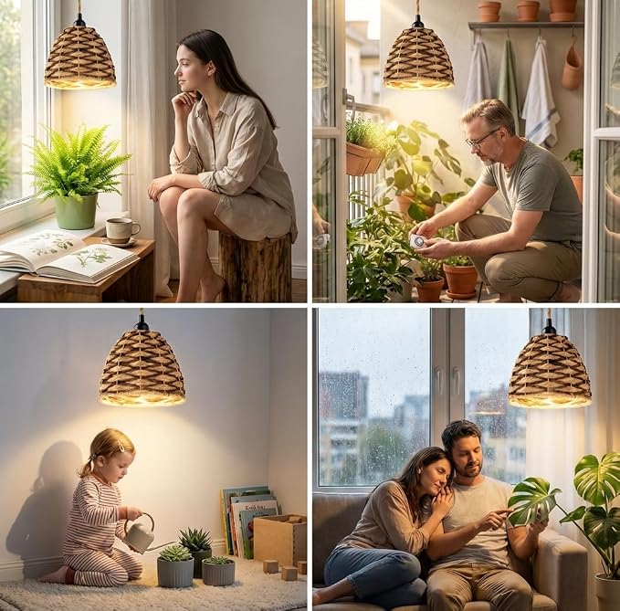 Hanging Grow Light, 30W LED Lamp with Timer for Indoor Plants | 4000K LED plant lamp with 15 ft cord, outlet timer, and boho paper rope shade for succulents, herbs, and low-light rooms.