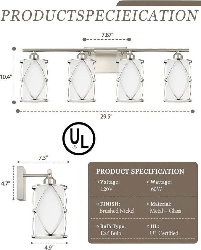 4-Light Brushed Nickel Bathroom Light Fixtures with Milk Frosted Glass, 29" Modern Bathroom Vanity Lighting Fixtures Over Mirror with Metal Cage, Wall Sconce Lights for Bath, E26, CH9176BNW-4W